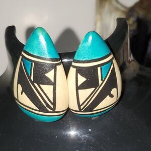 A Pair of Painted Wooden Earrings Southwestern Native American Pattern Pierced
